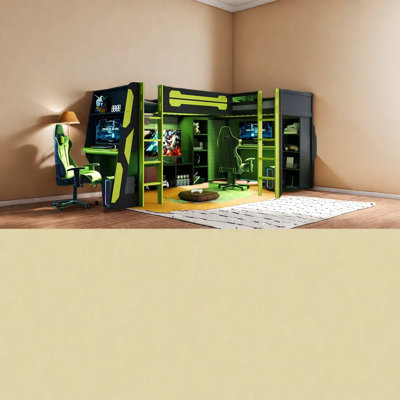Lits en bois en forme de L avec rangement, style moderne pour jouer, vert