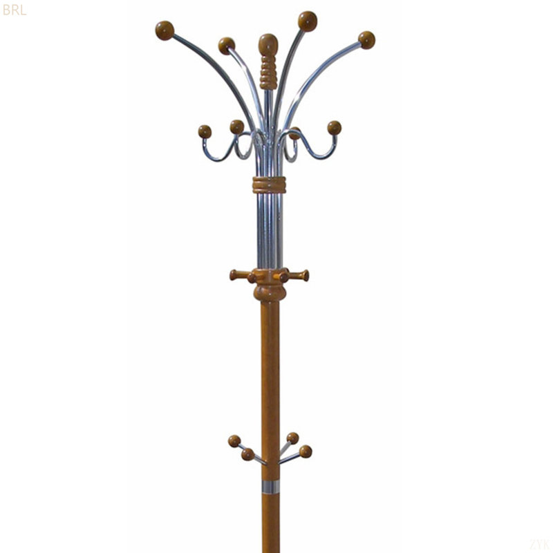 73" Tall Chrome And Wood Coat Rack, Oak