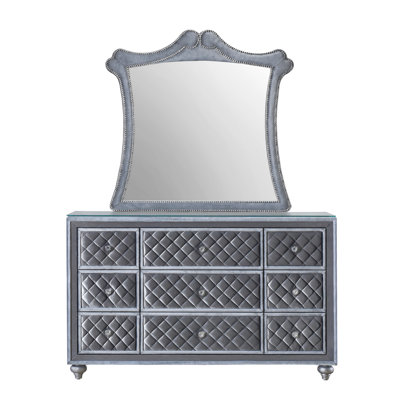 Glam 9-Drawer Dresser with Tempered Glass Top, Velvet Tufted Fronts, and Faux Crystal Knobs for Elegant Storage