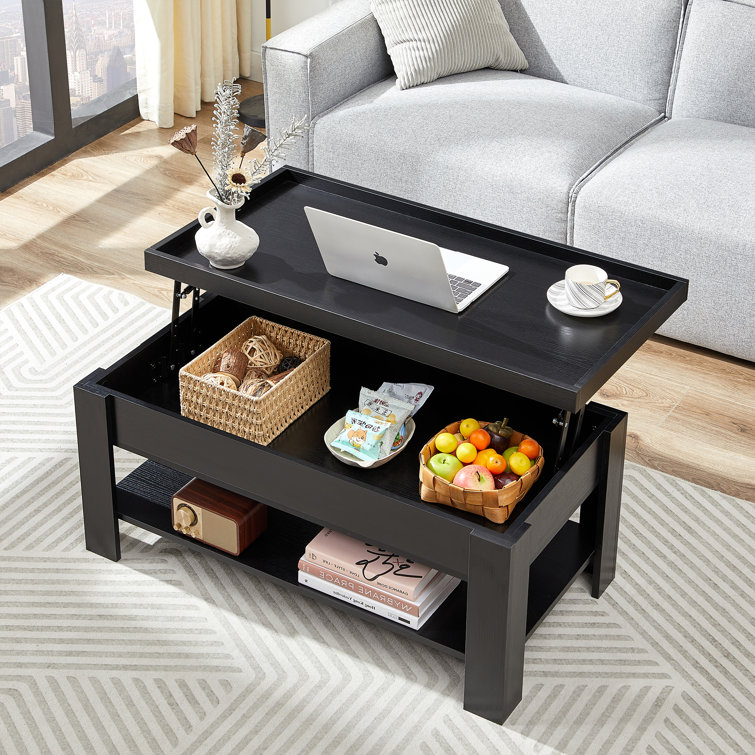Arrik Minimalist Lift Top Coffee Table w/ Hidden Storage Compartment & Open Shelves