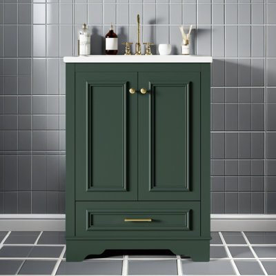 Meuble-lavabo 24 po avec lavabo en céramique, armoire de rangement autoportante moderne avec poignées argentées, portes à fermeture douce
