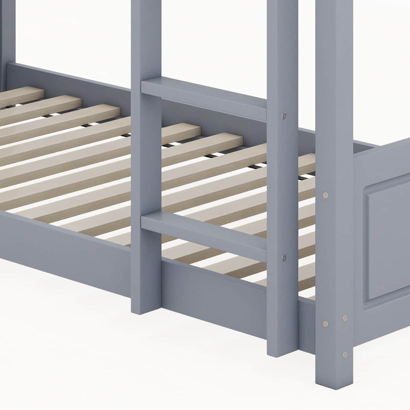Twin Over Twin House Floor Bunk Bed With Headboards, Footboards And Guardrails, Ladder, Light Gray