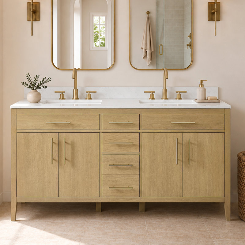 Ensemble de vanité double de 183 cm (72 po) entièrement assemblé, avec comptoir et dosseret en granit blanc., Oak Wood