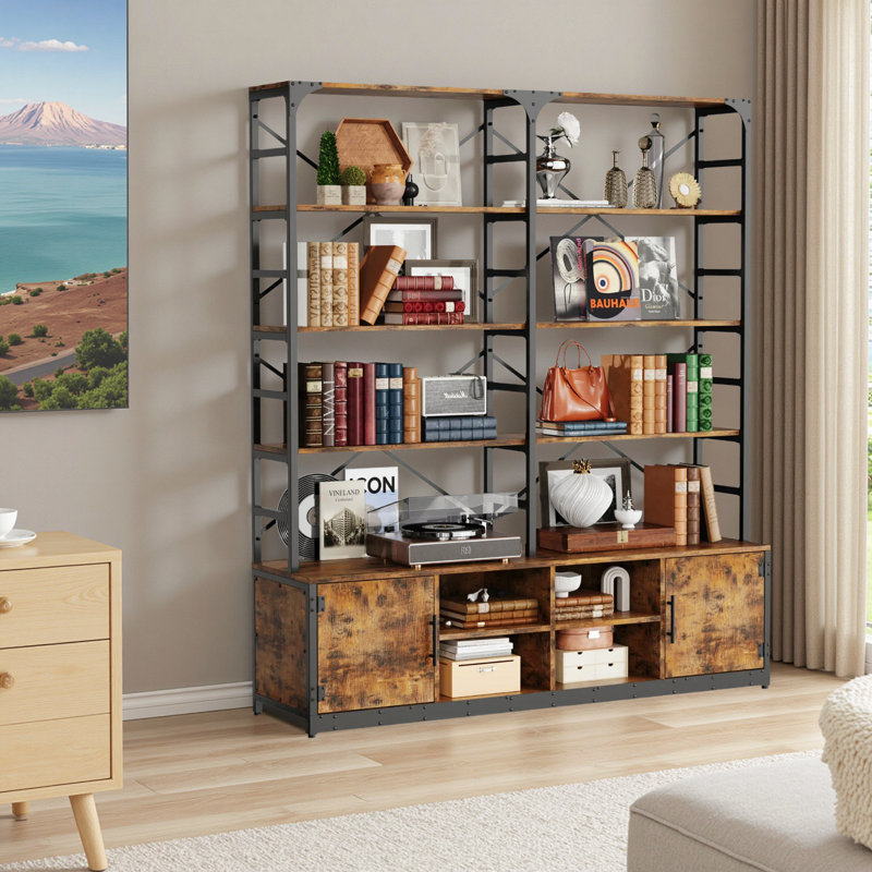 73.1" H x 62.9" W Industrial Tall Bookcase with Doors & Storage Cabinet, 6-Tier Large Double Wide Etagere Bookshelf Display Organizer for Living Room or Home Office