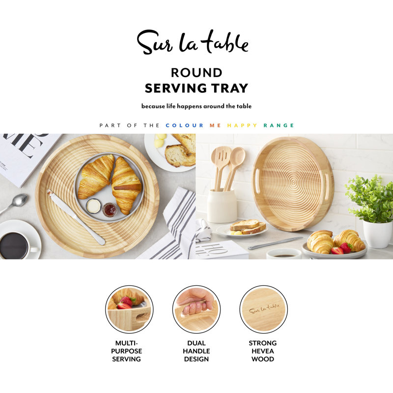 Sur La Table Large Round Serving Tray for Food and Drinks, Easy to Clean, Made from Hevea Wood with FSC Certified Materials, 35.6 x 35.6 x 6.4cm, Colour Me Happy, Natural Wood
