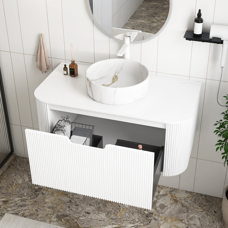 Meuble-lavabo mural avec plateau et tiroir, Blanc, Marbre, 36"