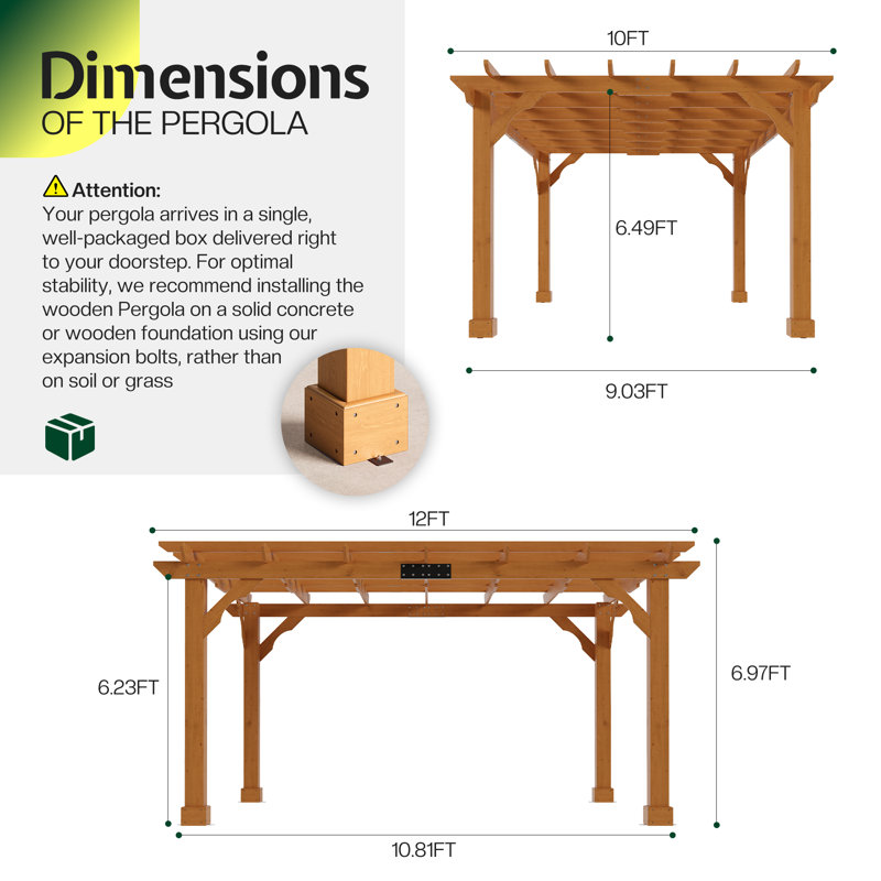  10' x 12' Cedar Pergola with Trellis Roof, Weather-Resistant Supports & Anchoring Stakes, Brown