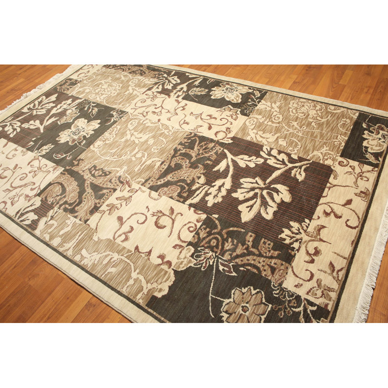 Tapis beige / gris en laine noué à la main de conception unique 6 pi x 9 pi