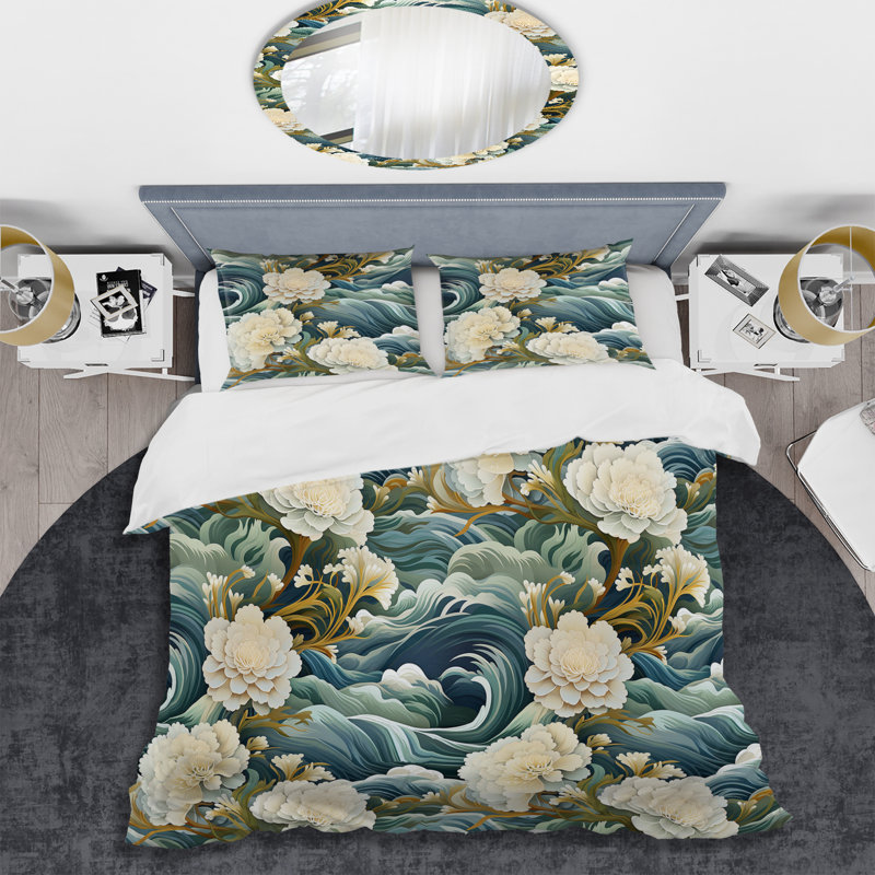 Ensemble de housse de couette à motif floral en microfibre blanc et bleu, Housse de couette simple + 1 taie décorative stan