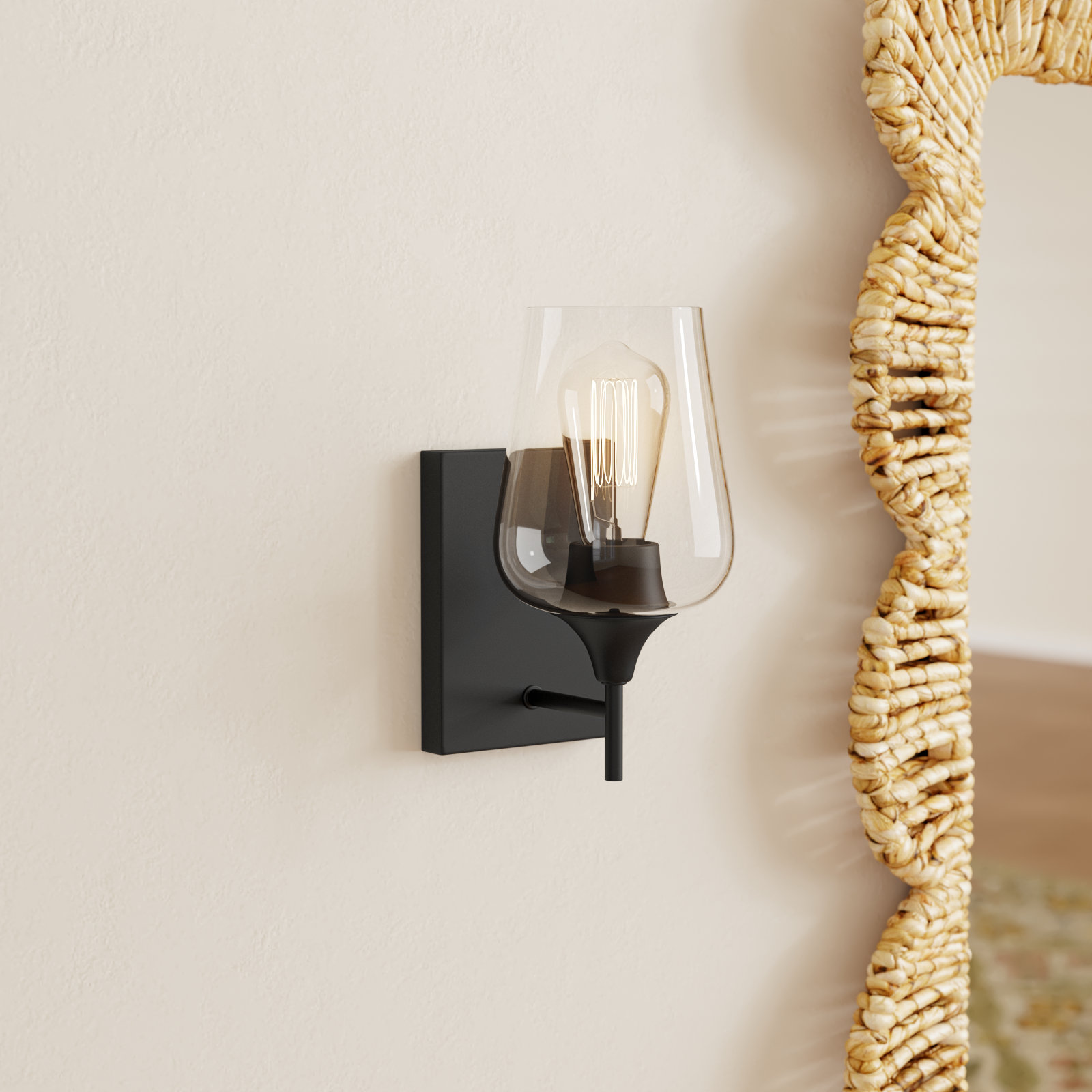 Breena Single Light Dimmable Armed Sconce, Matte Black, Clear