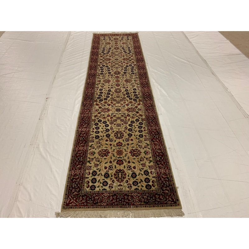 Tapis de couloir beige / rouge en laine et en coton noué à la main de conception unique 2 pi 7 po x 9 pi 9 po New Age