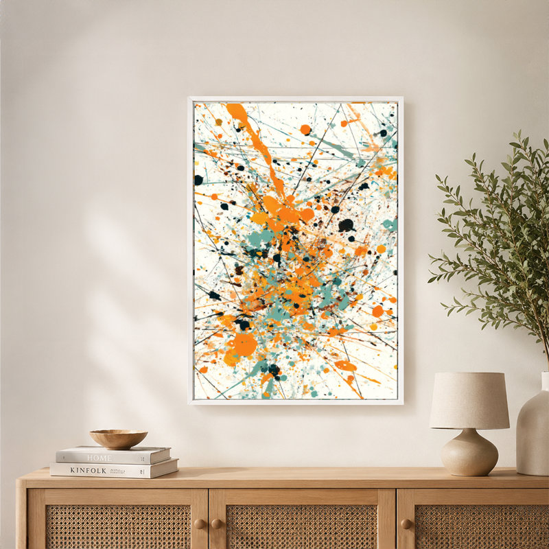 Toile abstraite orange, bleu sarcelle, éclaboussures noires avec cadre flottant, prête à être accrochée, 16 x 24 po, Doré
