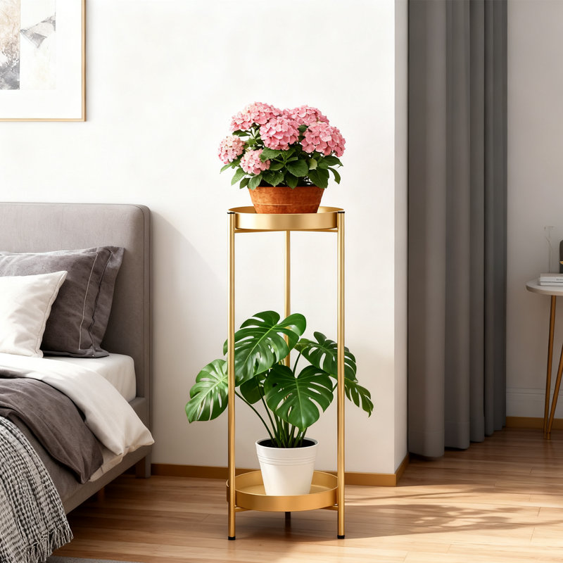 Grand support à plantes en métal - étagère à fleurs à 2 niveaux de 30 pouces avec 2 tablettes de présentation amovibles pour le balcon de la chambre à coucher (or) - Cadeaux pour la pendaison de crémaillère