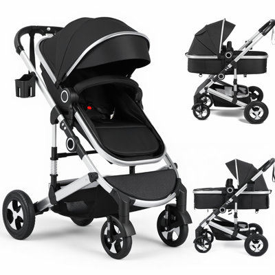 Convertible Baby Stroller, Folding High Landscape Infant Carriage, Adjustable Canopy, Diaper Bag, Anti-Shock