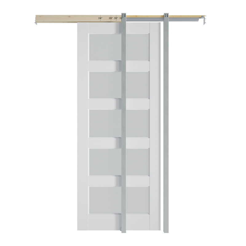 Porte coulissante à galandage à 5 carreaux en verre dépoli, porte en bois massif avec trousse de quincaillerie à fermeture amortie
