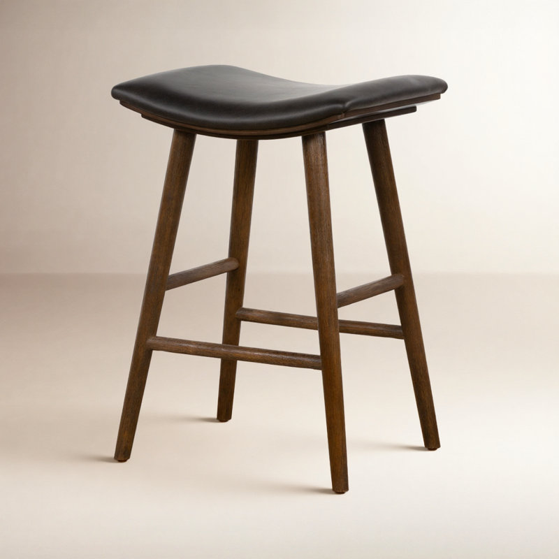 Union Wallis Belfast Solid Wood Stool, Counter Stool (26" Seat Height), Faux Leather - Distressed Black/Warm Parawood