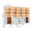 94.5" W Modular Library Bookcase with Glass Doors, Integrated LED Lighting, Brass-Coloured Hardware & Genuine Leather Loop Pulls, Large White Wall Unit with Drawers and Storage Cabinets-896034102-896034101