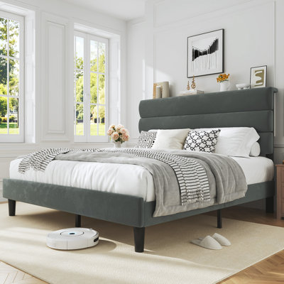Queen Bed Frame with Velvet Headboard – No Box Spring Needed, Soft Upholstery, Easy Assembly, Grey