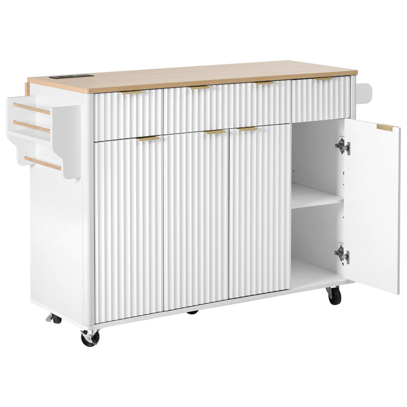 Îlot de cuisine cannelé de 55,5 po avec rangement, abattant, prise de courant, 4 portes, 3 tiroirs, table roulante avec plateau en grain de bois et rebord courbé pour la salle à manger | Idée cadeau
