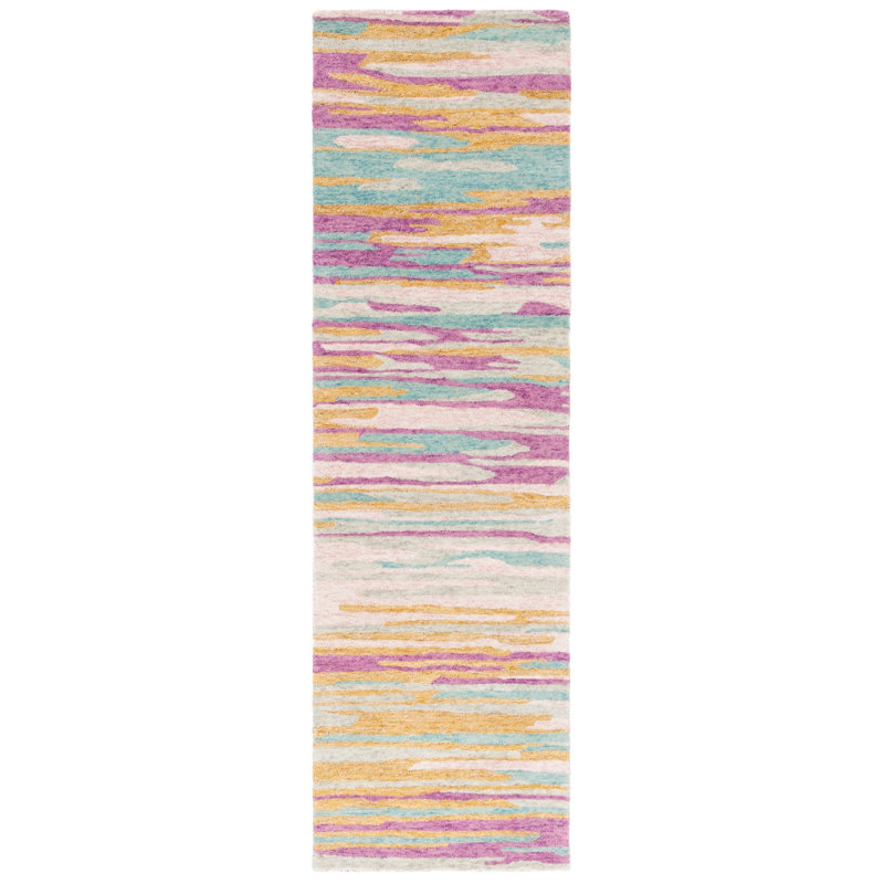 Tapis en coton jaune / vert touffeté à la main Jhelani, Tapis de couloir 2 pi 3 po x 8 pi