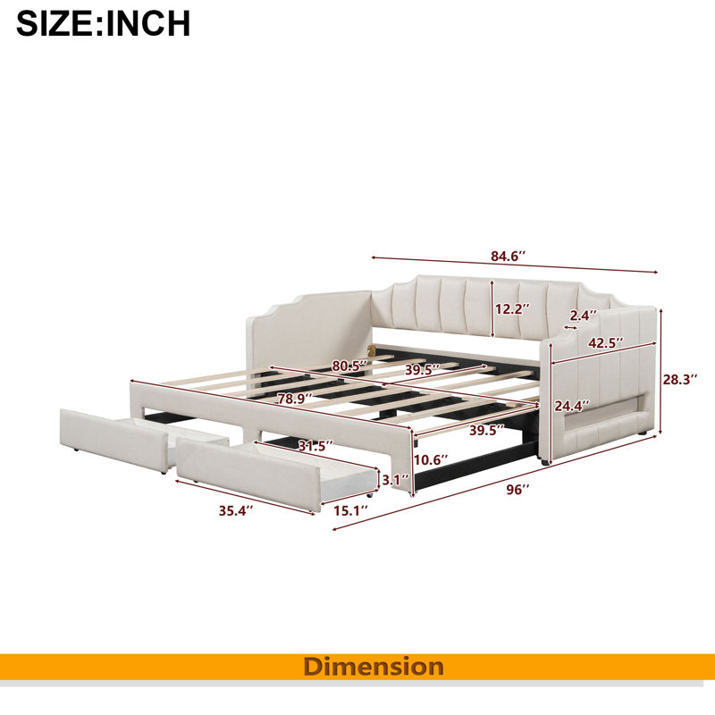 Twin XL Size Extendable Upholstered Daybed With Two Storage Drawers And LED Light,Twin XL To King Daybed, Beige