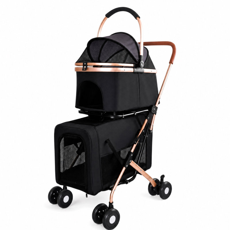 Poussette double pour petits et moyens chiens et chats, sac de transport pliable 3 en 1 avec sac de rangement, laisses de sécurité, rangement et roues verrouillables