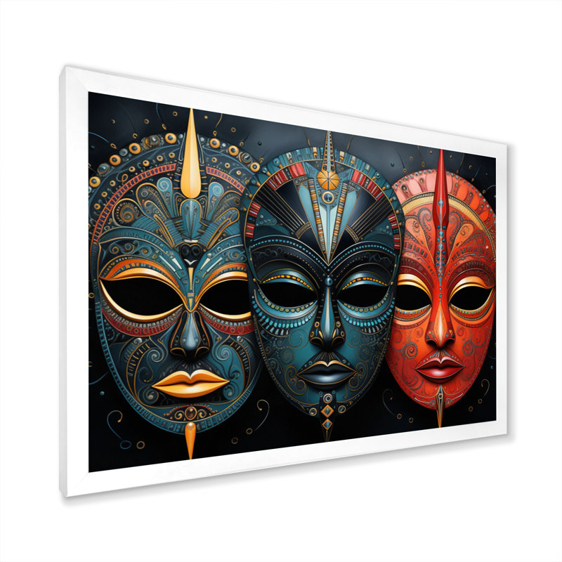 Red African Masks III - Masque africain, art mural, H 34 po x l 44 po, Reproduction avec cadre flottant, Blanc