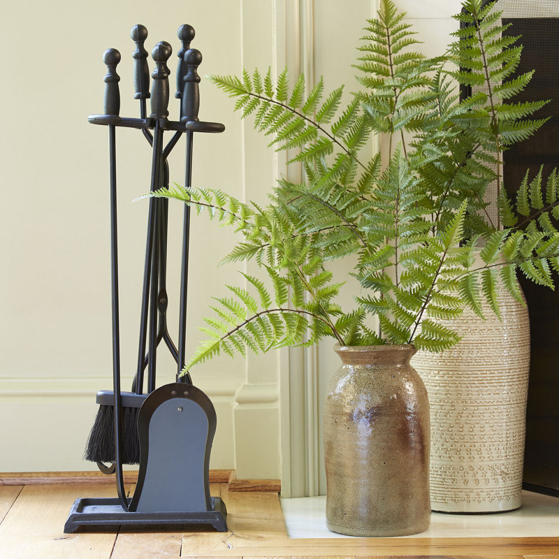 Verrett Iron Fireplace Tool Set, 30.50" H x 6.75" W x 9.75" D, Antique Brass Plated/Black