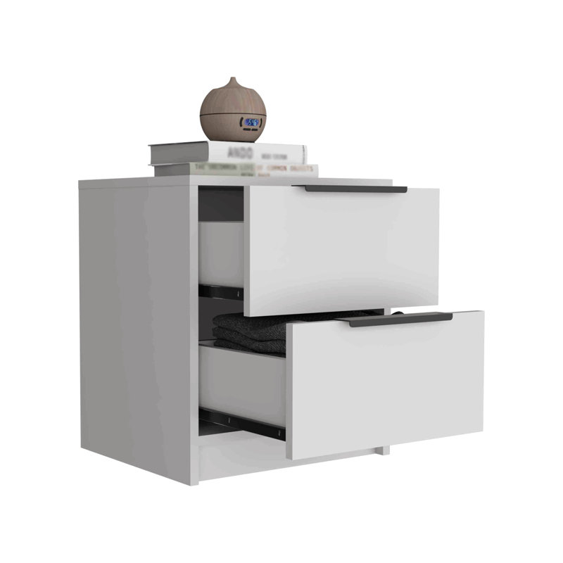 Table de chevet, table de bout, table d'appoint à deux tiroirs, poignée en métal, Blanc