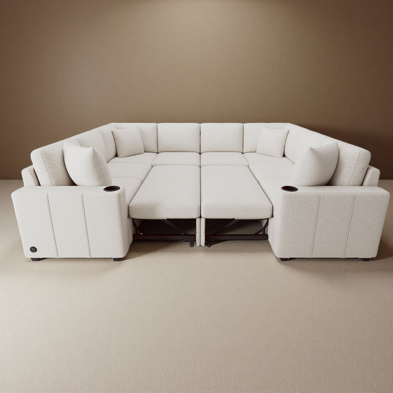 Canapé-lit modulaire en U 108,7 po avec ports USB et porte-gobelets - Canapé-lit moelleux en chenille avec 4 coussins décoratifs pour le salon