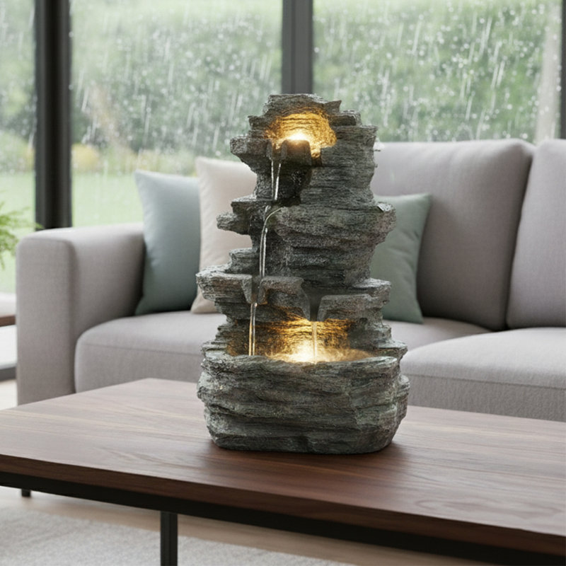 Pure Garden Tabletop Waterfall Fountain with Cascading Rock and LED Lights - Resin Tiered Stones for Office, Patio, and Home Decor