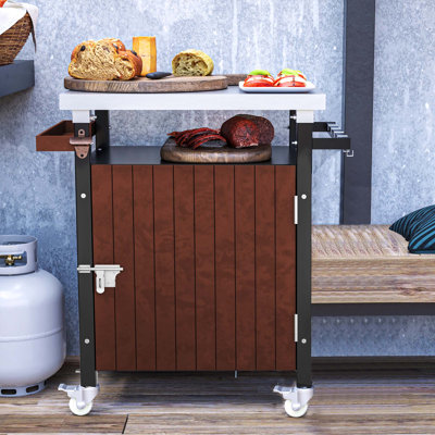 Chariot de barbecue extérieur avec plateau en acier inoxydable, rangement, îlot de cuisine de patio avec roulettes, crochets et étagère à épices, table de barbecue extérieure imperméable, chariot de service mobile pour barbecue