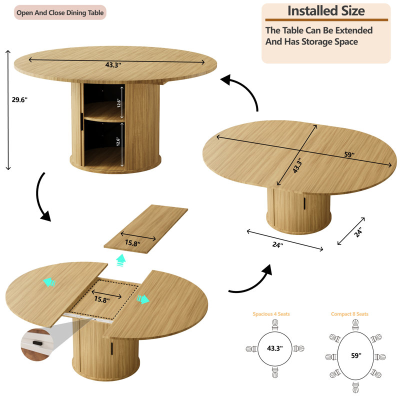 Round Extendable Dining Room Table For 4-8, Circle Kitchen Table With 2-Layer Storage Shelf And A Drawer, Modern Farmhouse Dinner Tables With Sliding Door And Wood Strip Base For Kitchen, Living Room (Natural)