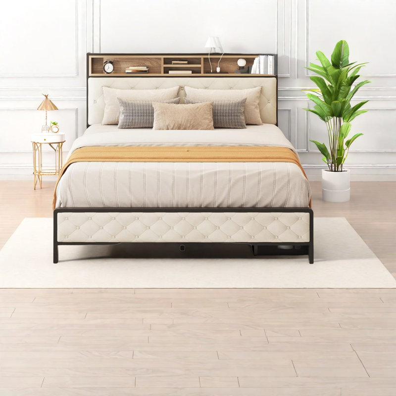 Lits plateforme multifonctionnels, structure en métal beige, solution de rangement moderne pour la maison