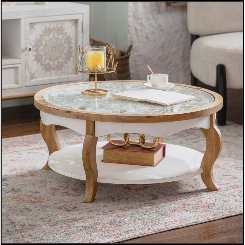 Table basse ronde en bois avec plateau en verre, table centrale circulaire en bois massif, pieds courbés, verre trempé amovible, assemblage facile pour les petits espaces