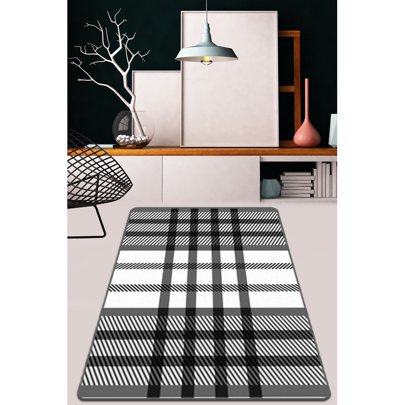 Premium Hall Carpet (2.6 x 6.6 ft), Black & White, 100% Polyester, 0.2 in Pile Height | Antibacterial, Non-Slip Felt Dot Underside, Machine Washable | Perfect for Living Room, Entryway & Bedroom Décor