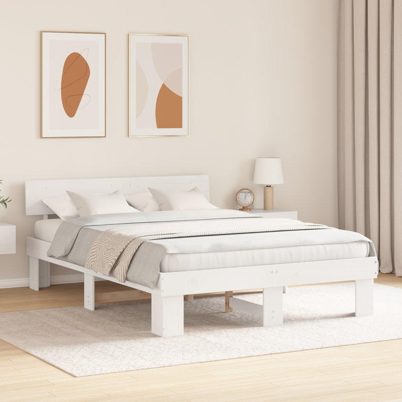Bed Frame with Headboard Solid Pine Wood, European Double (140 x 200 cm), White