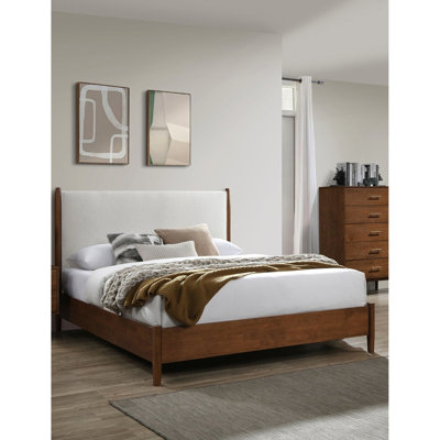Queen Bed In Mid - Century Modern Design, Walnut And Beige Color, Fabric Panel Headboard, Solid Wood Veneer, Round Tapered Legs, Mattress Ready Style Bed, Color Scheme, Base, Required