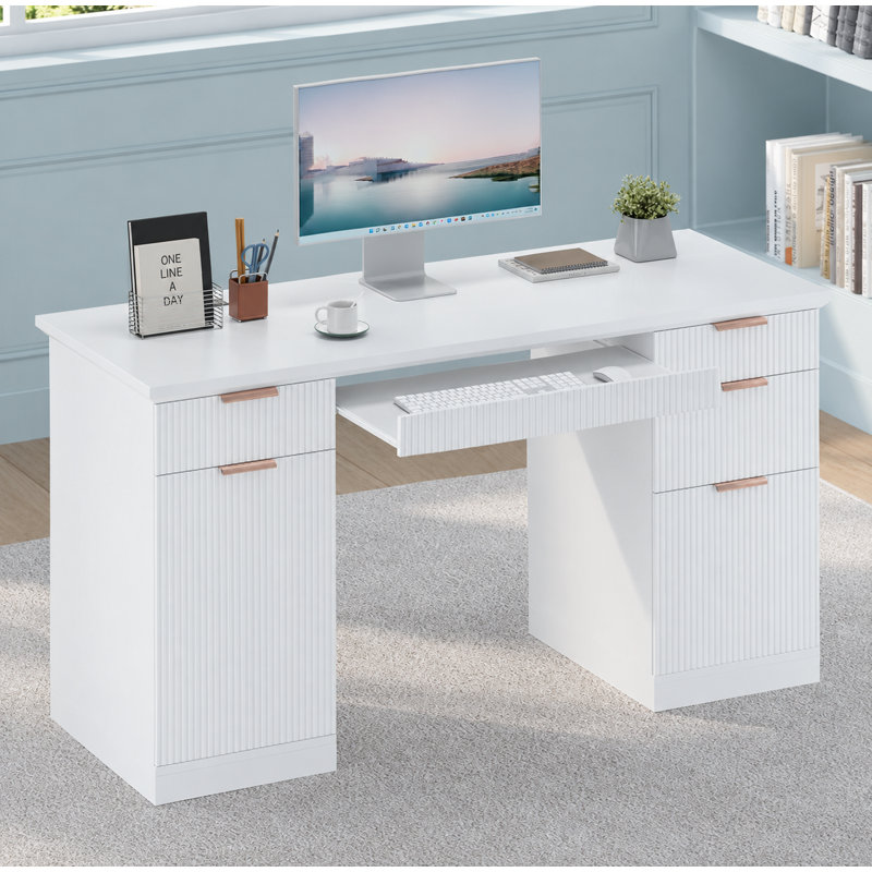 Bureau cannelé moderne avec rangement Ato, Blanc