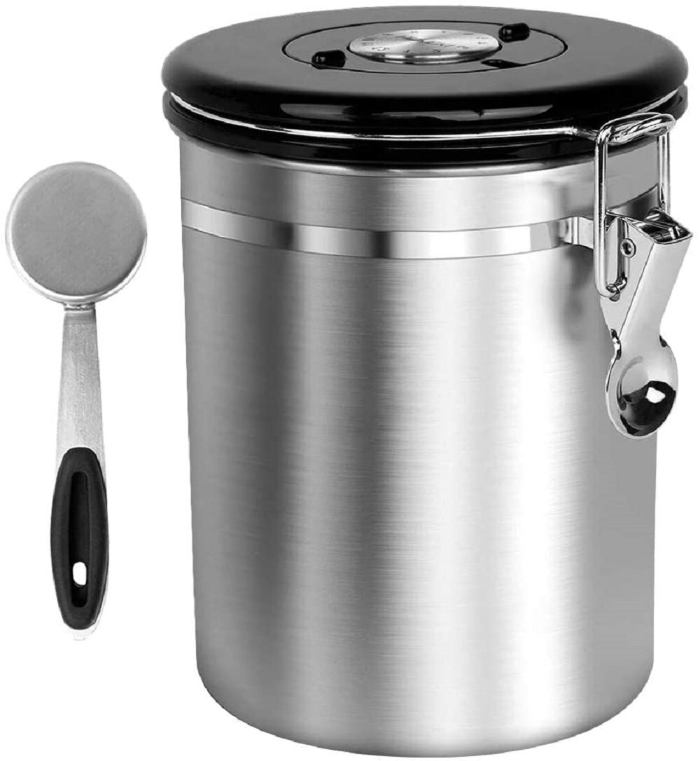 Bretani 24 oz Stainless Steel Coffee Canister & Scoop Set for Coffee Beans  and Grounds, Black