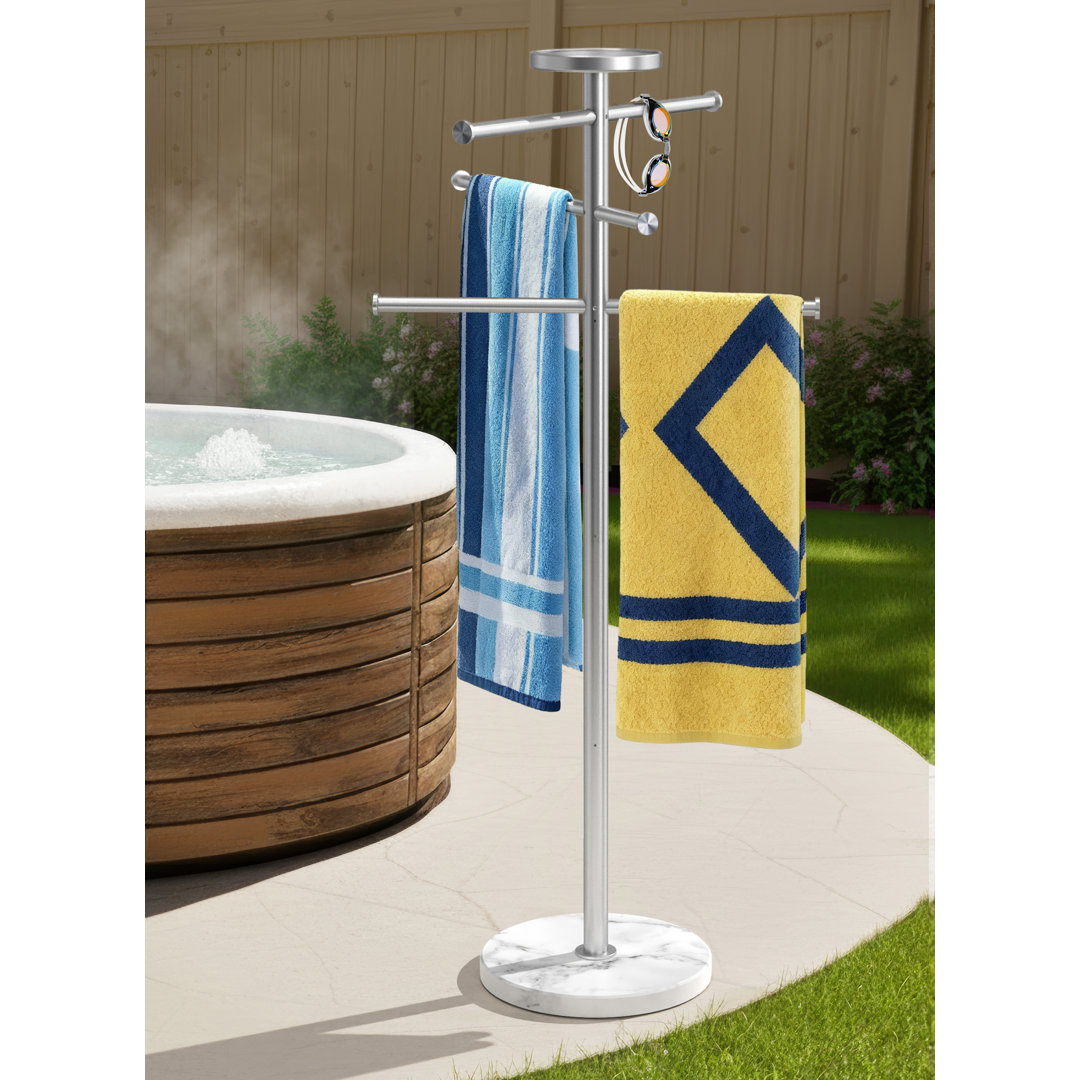 KES Natural Marble Outdoor Towel Rack, 5-Feet Pool Towel Rack for Hot Tub 18/8 Stainless Steel with Adjustable 3 Arms with Storage Tray
