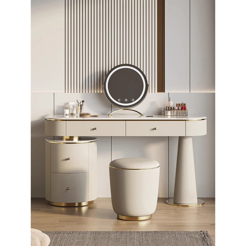 Coiffeuse moderne de style italien en bois massif avec armoire latérale et tabouret, H 29,53 po x l 47,24 po x P 17,72 po