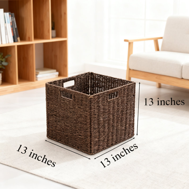 Handwoven Paper Rope Storage Baskets Set Of 4, Foldable Cube Organizers With Handles For Bedroom Living Room Closet, Sturdy Decorative Storage Bins For Clothes Toys Books