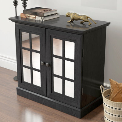 Buffet pour petits espaces, portes en miroir, tablette réglable, poignées en métal, avec grain de bois 3D - économique, léger, nécessitant peu d'entretien, solution de rangement pour salon 2 décoratives, poignées,