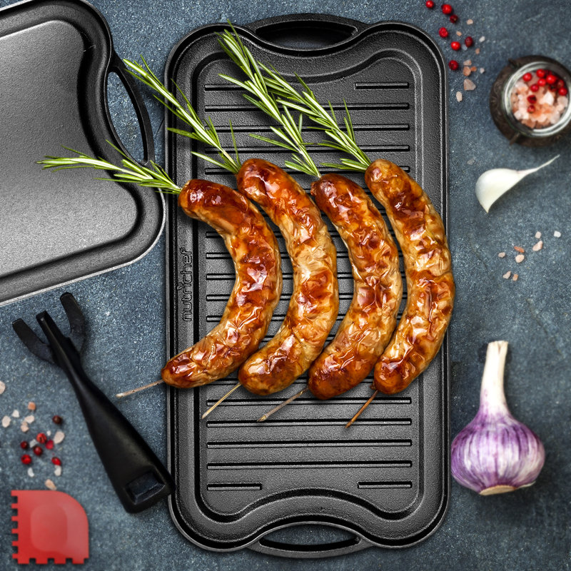 NutriChef Reversible Cast Iron Griddle with Scraper, 21.65"
