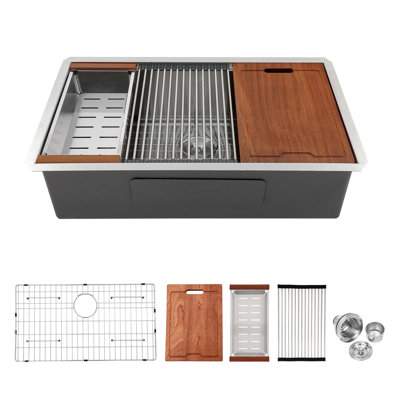 Évier de cuisine à simple cuve encastrable en acier inoxydable calibre 16 Topcraft 33 po x 19 po x 10 po avec accessoires Topcraft