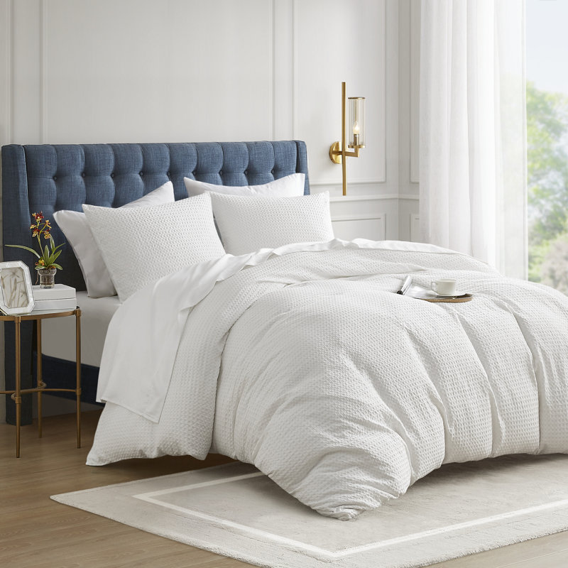 Ensemble de housse de couette texturée Mina Waffle Weave, Housse de couette simple / simple TG + 1 taie déc, Blanc