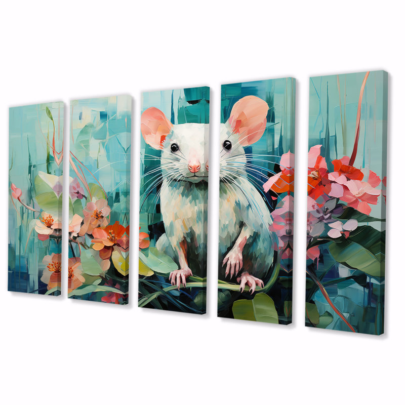 «Green Curious Rat Blooms - Mouse», ensemble d'art mural 5 pièces, H 32 po x l 80 po
