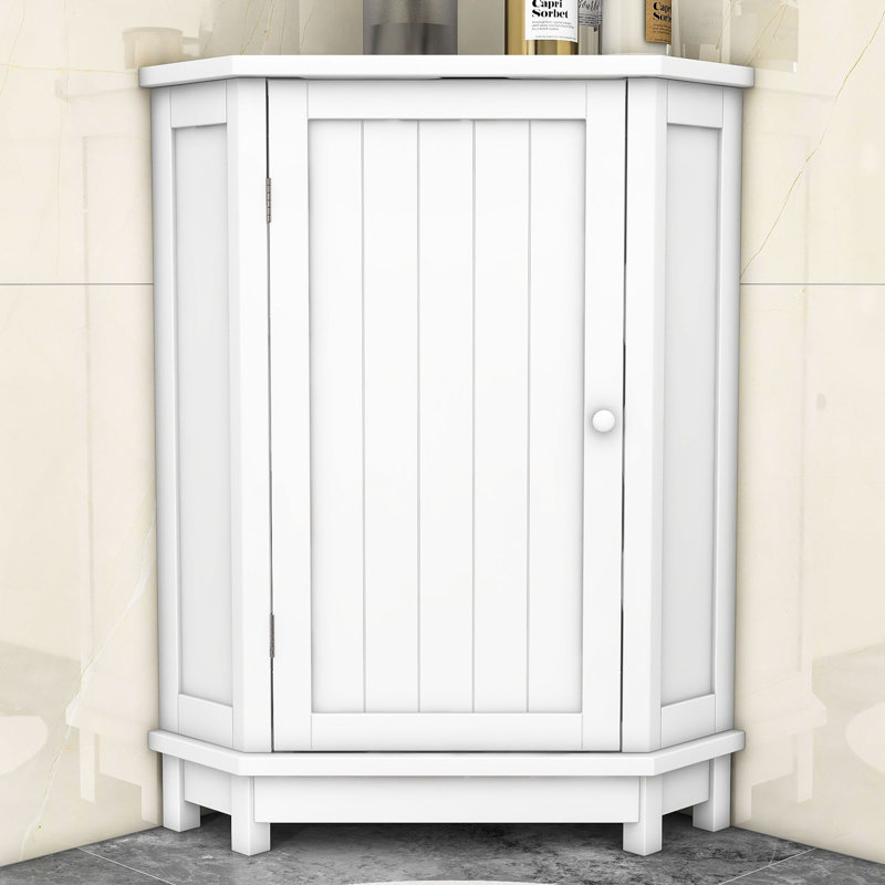 Misiak Wood Triangle Corner Bathroom Cabinet with Shelves and Doors, White