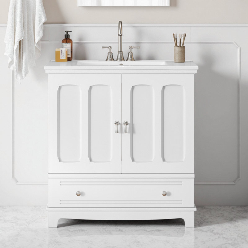 Meuble-lavabo moderne blanc de 30 po avec lavabo en céramique et rangement réglable, Blanc